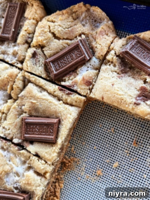 SMores Cookie Bars 11 Close-up of S'mores Cookie Bars being cut with a pizza cutter