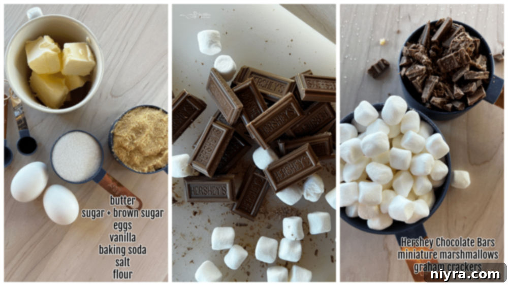 SMores Cookie Bars 5 S'mores Cookie Bar ingredients laid out on a table