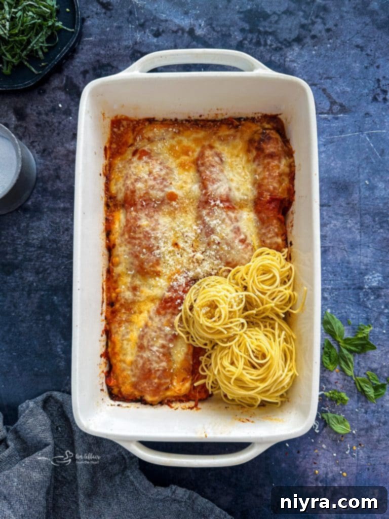 Finished Easy Weeknight Chicken Parmesan, bubbly and golden