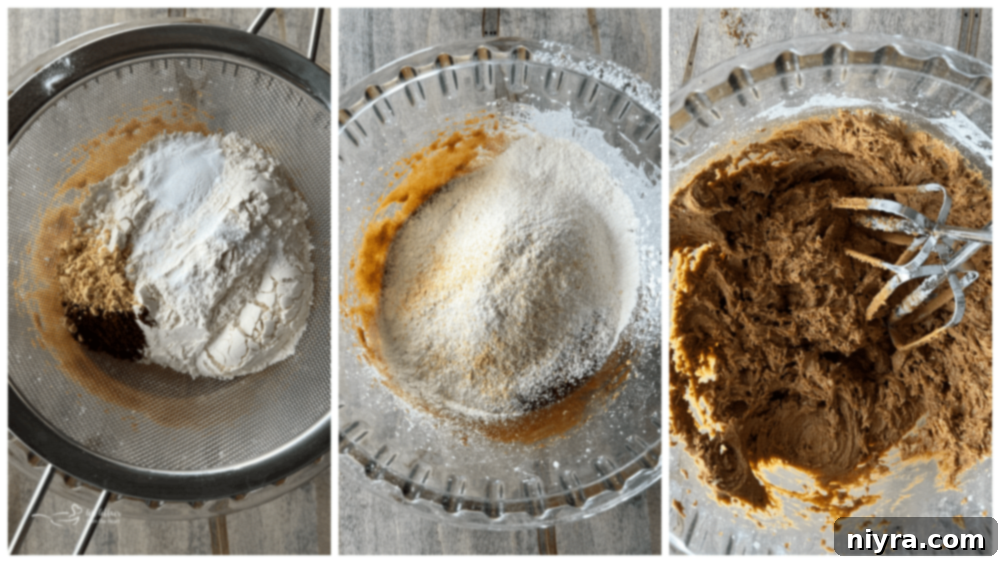 adding flour to molasses mixture and mixing in dough with mixer 