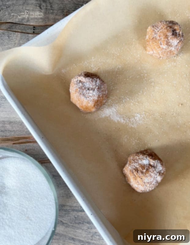 molasses cookie dough balls rolled in sugar on baking sheet 