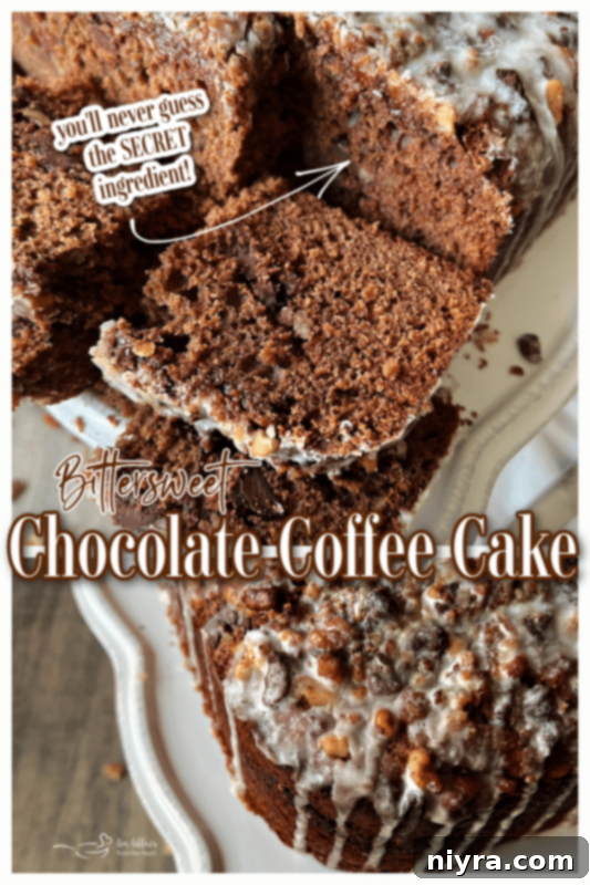 Bittersweet Chocolate Coffee Cake with a cup of coffee, ready to be enjoyed.