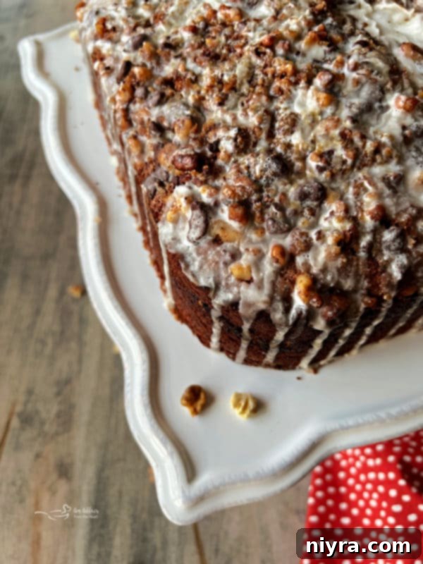 A slice of Bittersweet Chocolate Coffee Cake on a plate, showing the fluffy texture and chocolate pieces.