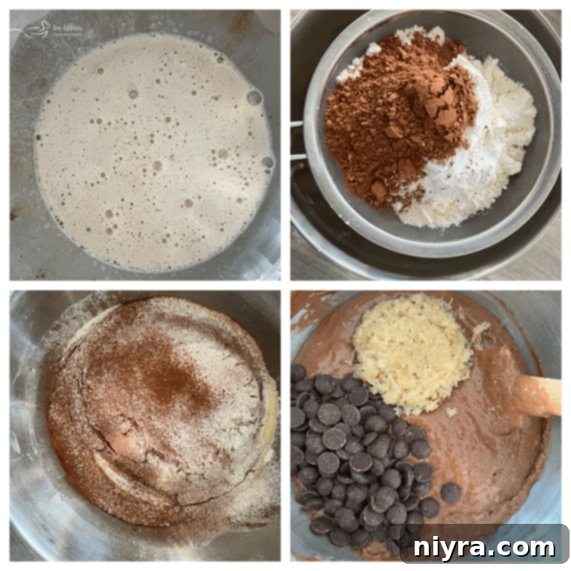 Wet ingredients for Bittersweet Chocolate Coffee Cake in a mixer bowl.