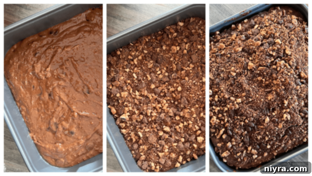 Bittersweet Chocolate Coffee Cake batter layered with streusel in a springform pan.