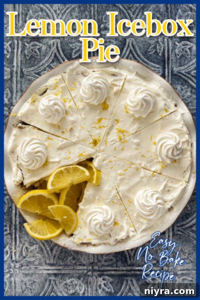 A beautifully decorated No-Bake Lemon Icebox Pie on a wooden table.