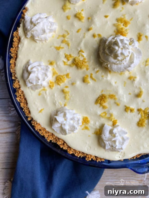 A slice of lemon icebox pie with a dollop of whipped cream and lemon zest.