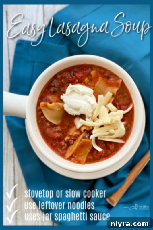Lasagna Soup in a bowl with a 'Pin It' call to action