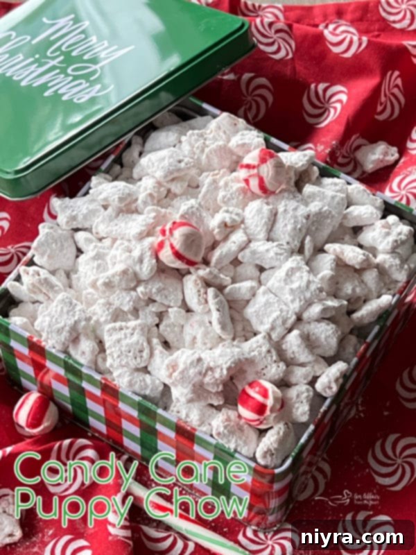 Peppermint Muddy Buddies Recipe Box A charming box displaying the completed puppy chow recipe, adorned with a festive ribbon.