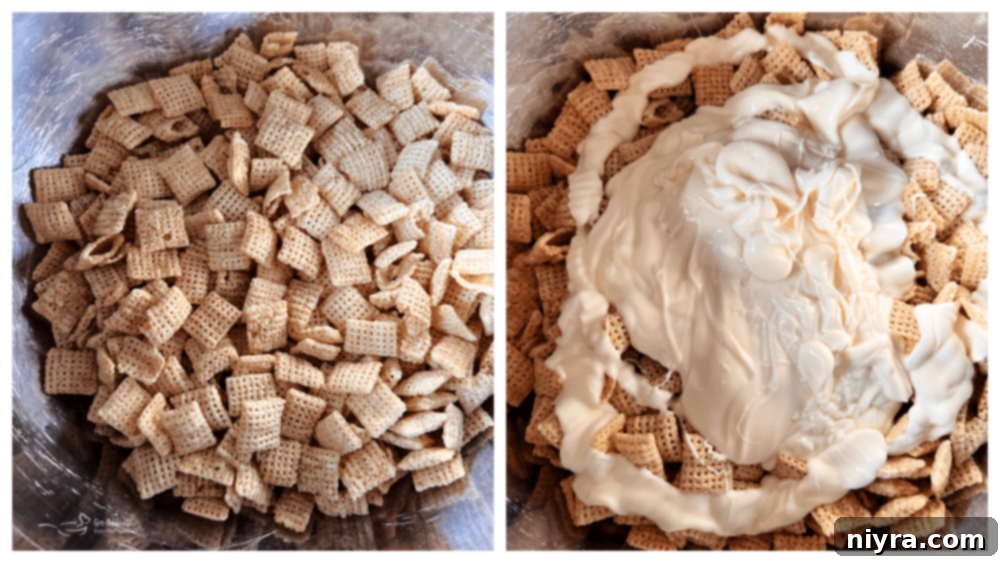Puppy Chow Recipe Preparation A large bowl of Chex mix drizzled with melted white chocolate, ready for stirring.
