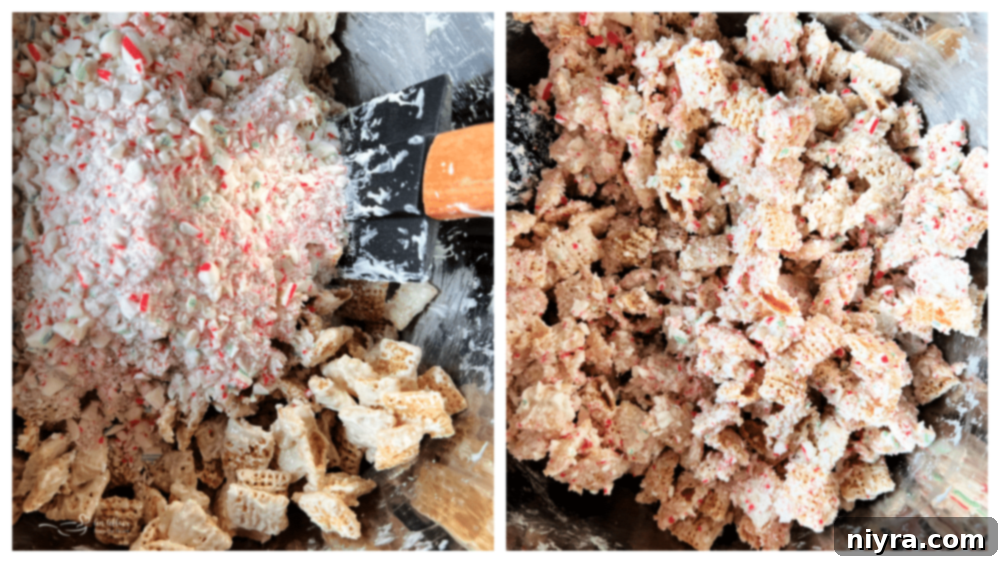 Mint Chocolate Puppy Chow Mixing Melted white chocolate and crushed candy canes being mixed into the Chex cereal.