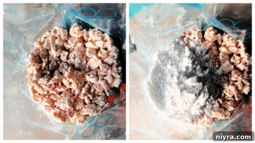 Peppermint Muddy Buddy Shake Stage Coated puppy chow mixture being transferred into a zippered bag with powdered sugar.