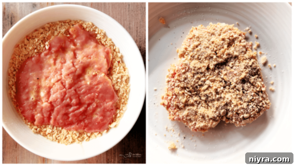 Crispy Breaded Pork Cutlets 9 Second step: coating pork cutlet in cracker crumbs