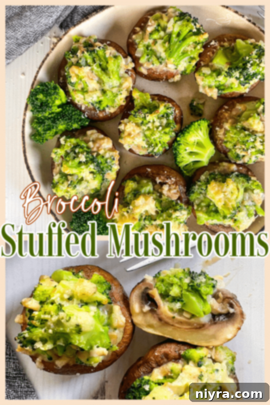 A collage of two images showing broccoli stuffed mushrooms with graphic elements.