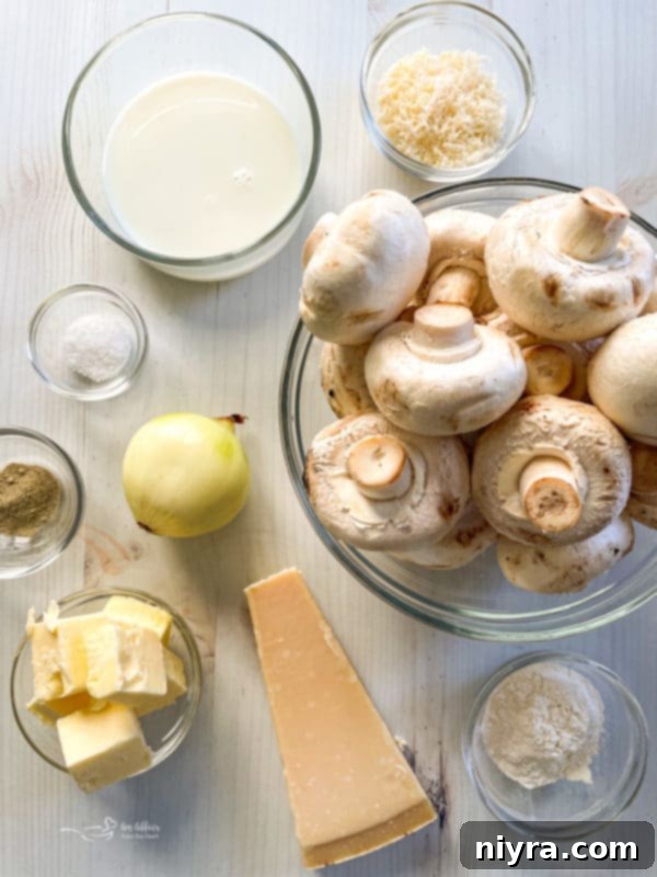 A collection of fresh ingredients for broccoli stuffed mushrooms: milk, cheese, mushrooms, salt, pepper, butter, and flour.