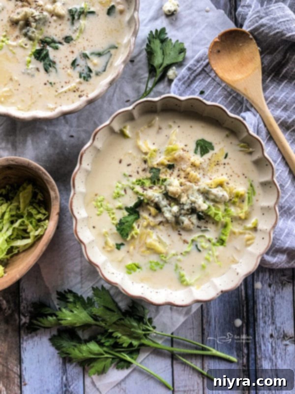 A bowl of creamy cabbage and blue cheese soup, garnished with extra blue cheese crumbles.