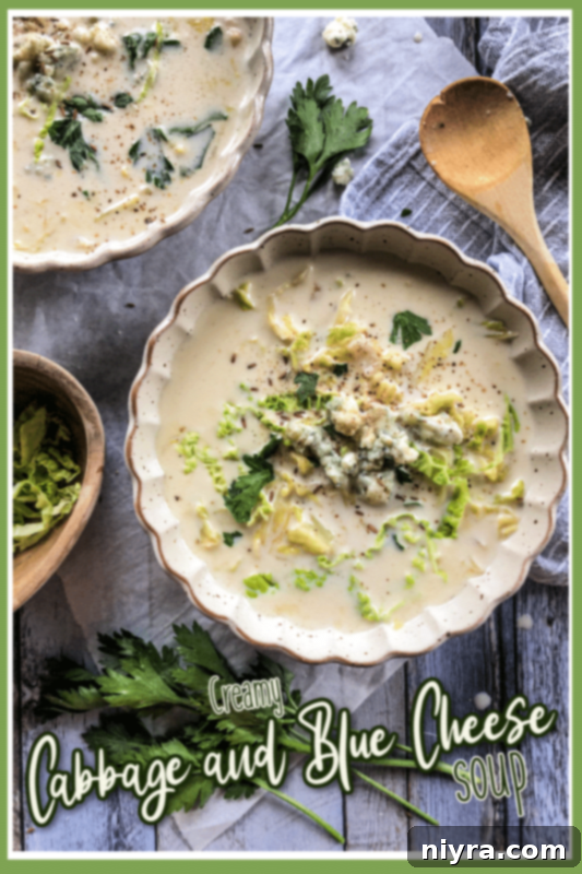 Pinterest graphic: Cabbage & Bleu Cheese Soup, an affair from the heart.