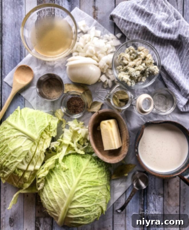 Close-up shot of creamy cabbage and blue cheese soup in a bowl with a spoon.