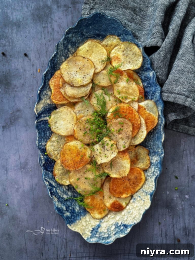 Close up of homemade baked potato chips with garlic