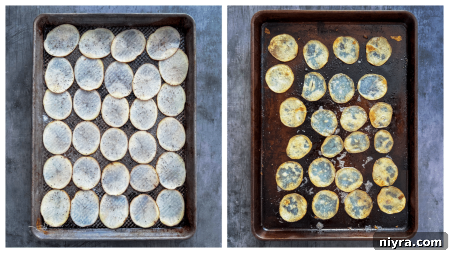 Thinly sliced potatoes on a mandoline