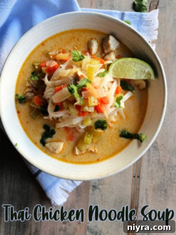 White bowl with Thai chicken noodle soup, garnished with herbs