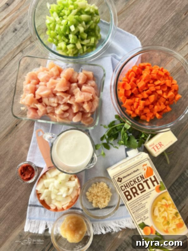 Ingredients for Thai Chicken Noodle Soup: chicken, celery, carrots, chicken broth, garlic, ginger, cream, onions, tomato paste