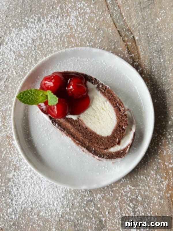 Ice cream jelly roll cake, a beautiful dessert with chocolate cake and vanilla ice cream