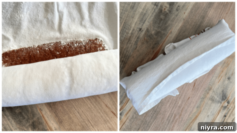 towel for making ice cream cake roll, showing the rolled cake cooling