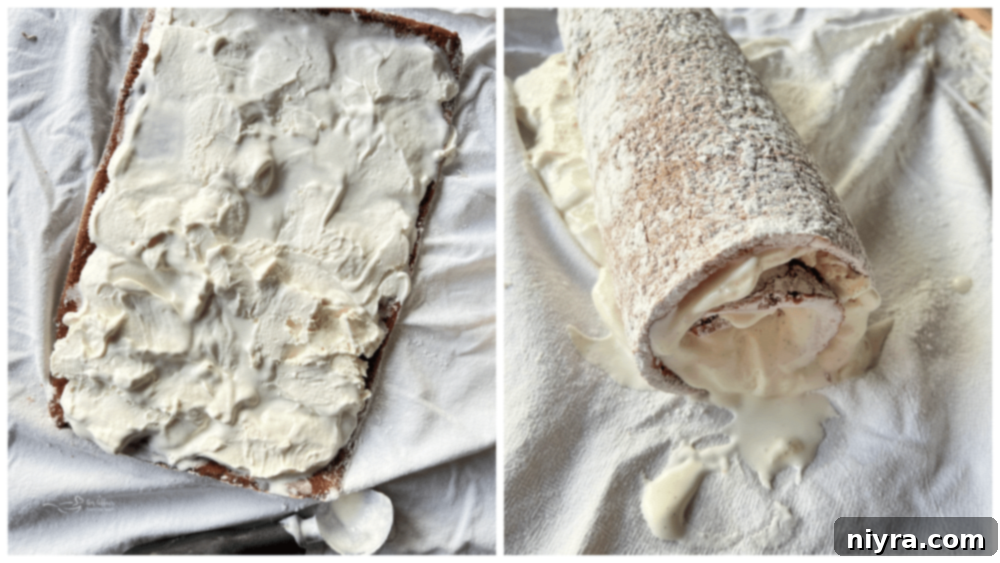 roll jelly roll cake dough, with softened ice cream spread on it