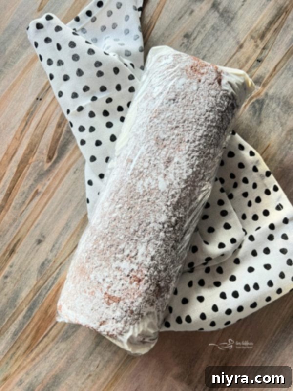 Ice cream roll, tightly wrapped in plastic wrap and ready for freezing