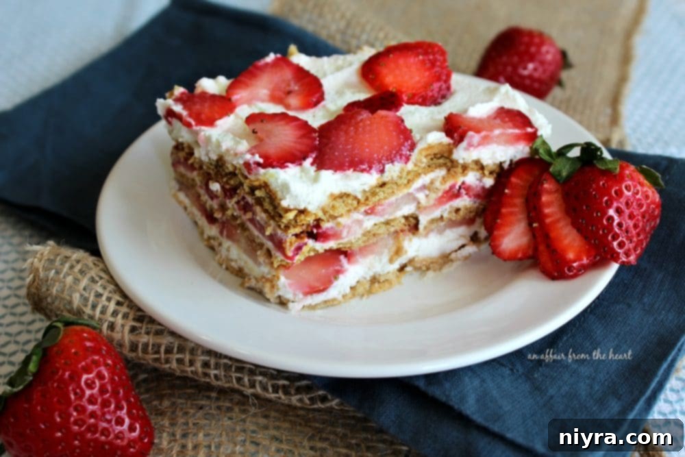 Piece of Old Fashioned Strawberry Icebox Cake on a white plate
