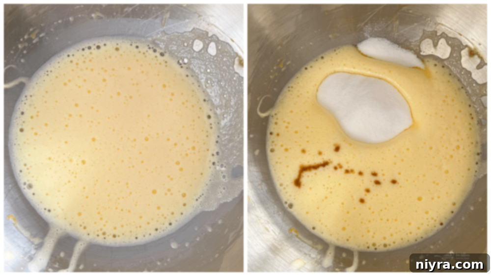 mixed wet ingredients for ice cream cake roll, showing light and fluffy eggs