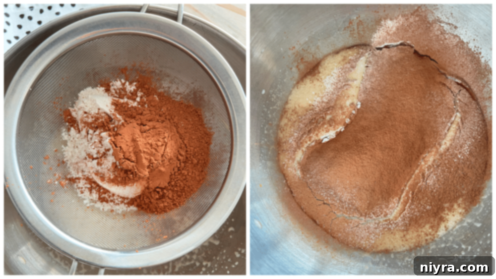 mixed ingredients for an ice cream cake roll, showing a smooth chocolate batter
