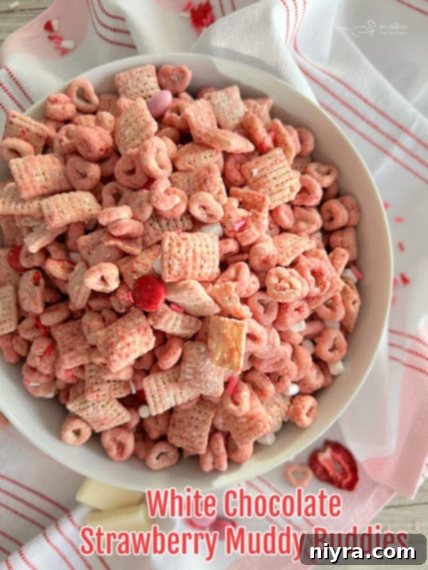 A single bowl of strawberry Chex mix, beautifully presented.