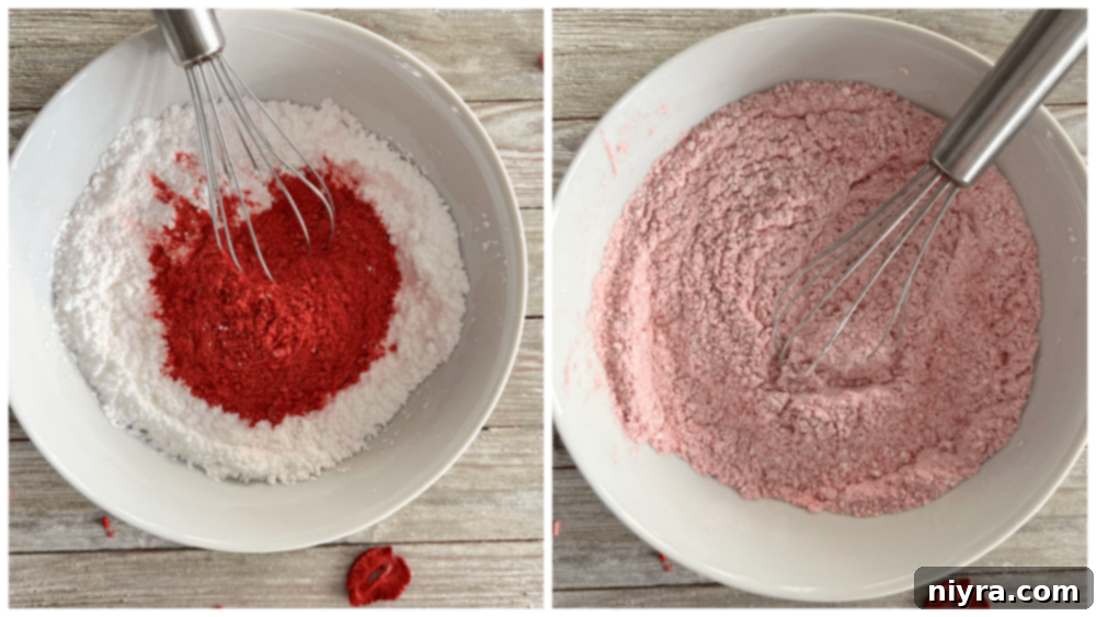 Freeze-dried strawberries being blended into a powder in a food processor.