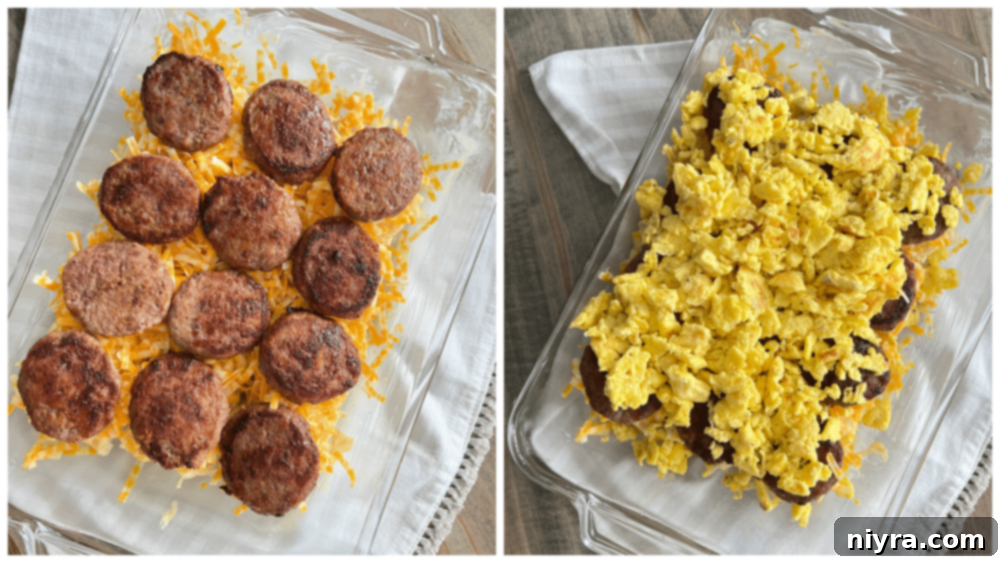 sausage on top of cheese in pan with eggs on top