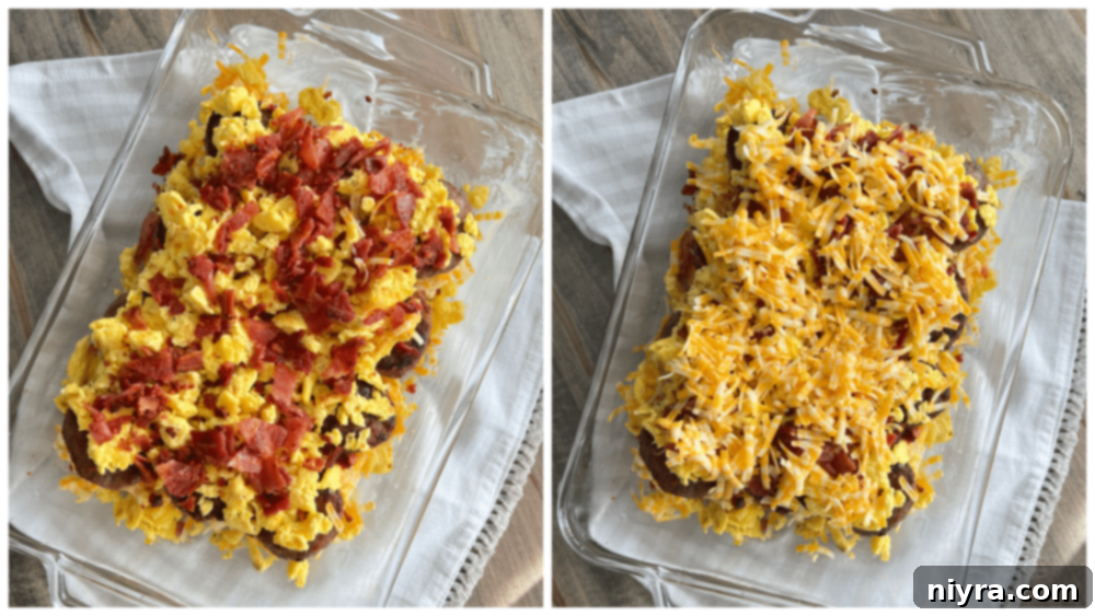 casserole dish with sausage, eggs, bacon, and cheese