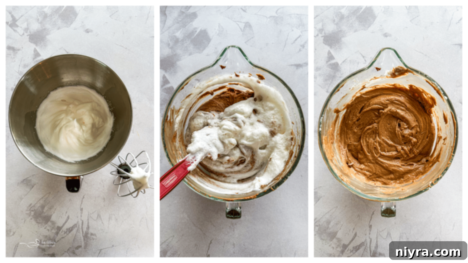 Stiff peaks of whipped egg whites in a mixing bowl, ready to be folded into the cake batter.
