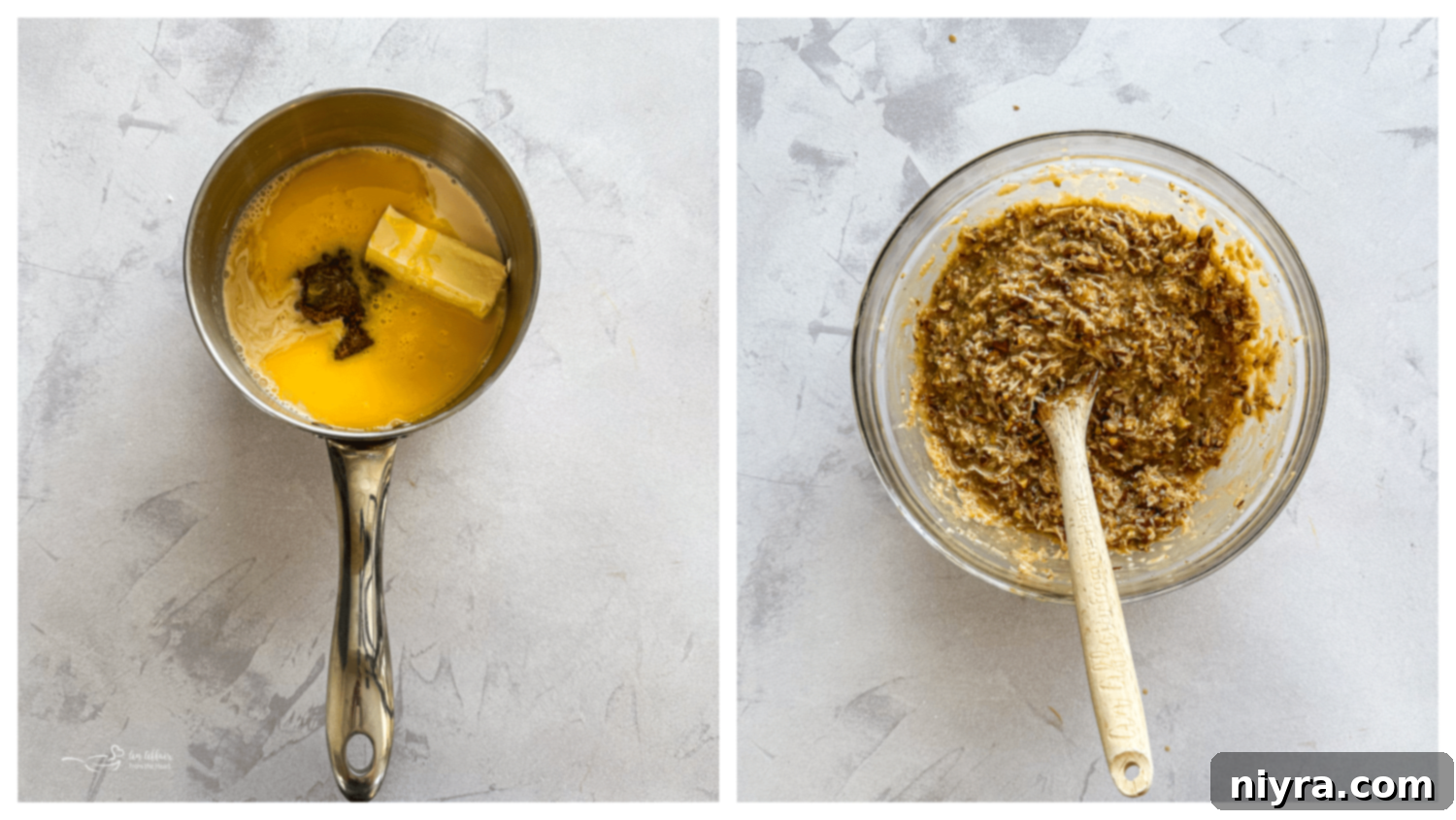 Sugars, evaporated milk, butter, and beaten egg yolks cooking in a saucepan over medium heat, forming the base for the coconut pecan frosting.