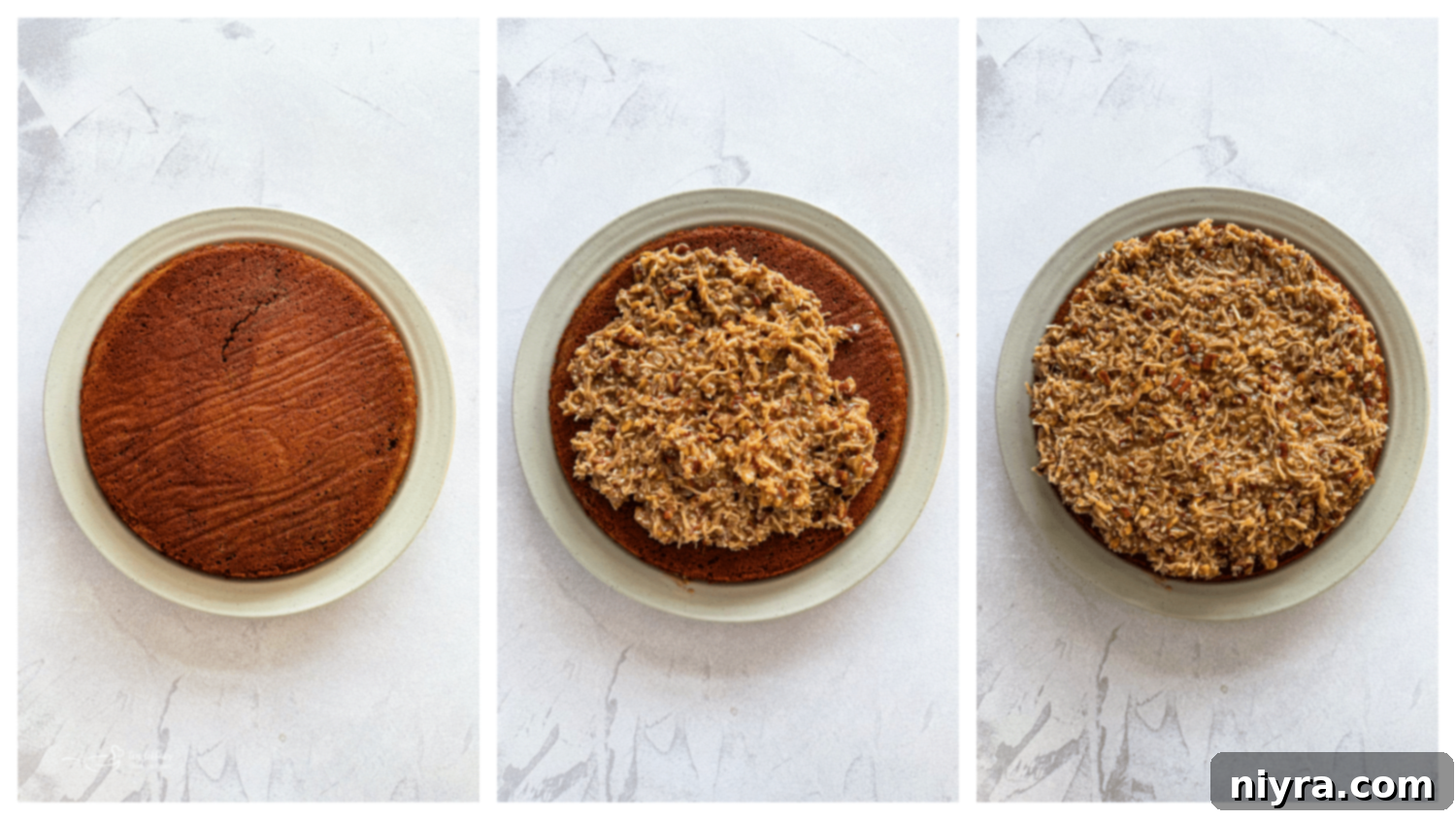 Homemade coconut pecan frosting, rich and thick, studded with shredded coconut and chopped pecans, cooling in a bowl.