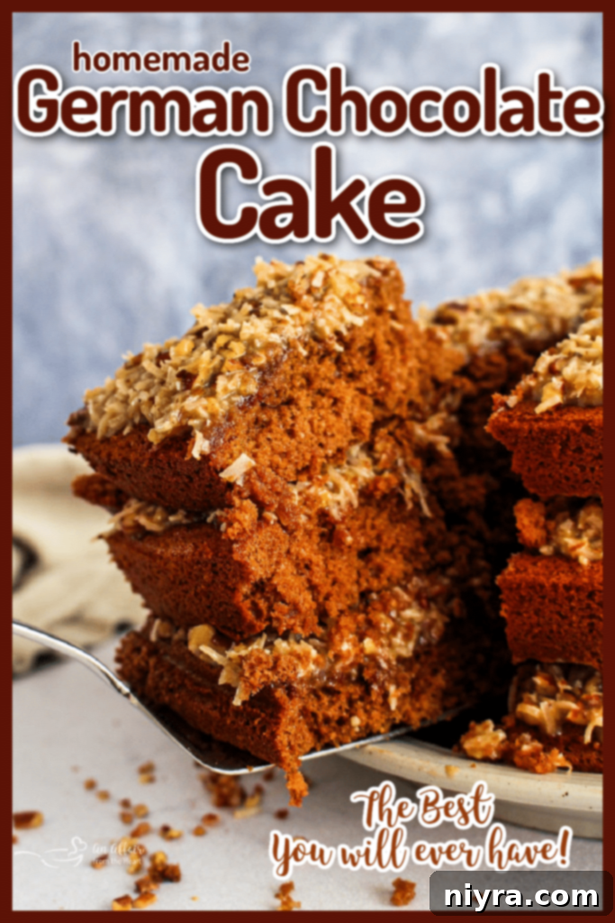 A three-layer German Chocolate Cake fully assembled with coconut pecan frosting between each layer, with the sides left bare in a rustic style.