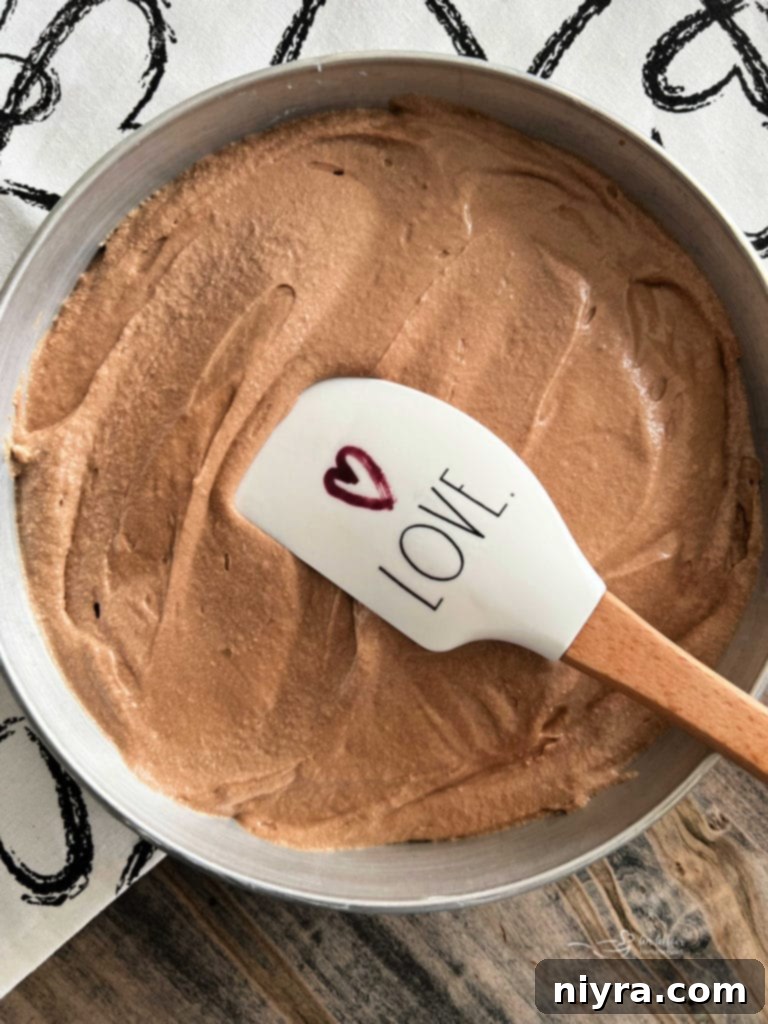 A rubber spatula is used to carefully spread chocolate cake batter evenly into a prepared round cake pan, ensuring a consistent layer for baking.