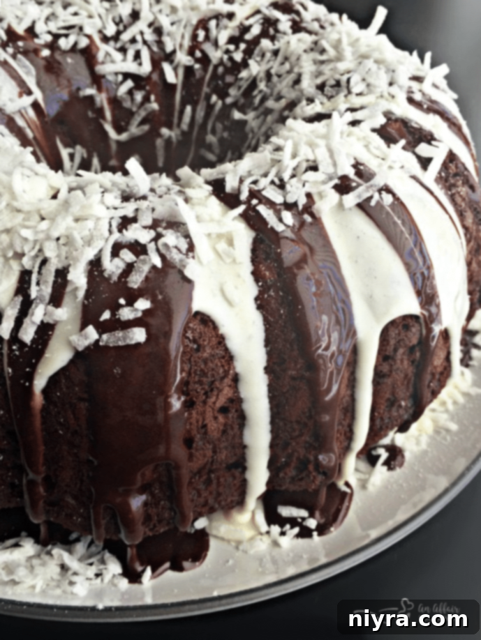 Close-up of a decadent Chocolate Macaroon Tunnel Cake, featuring a rich chocolate cake with a sweet coconut filling, suggesting another delightful dessert.
