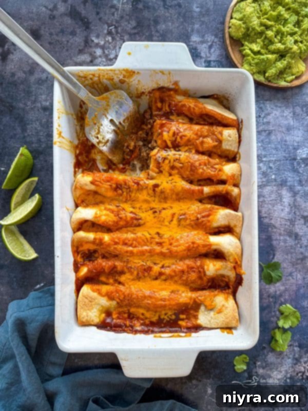 Close-up of baked Ground Beef Enchiladas