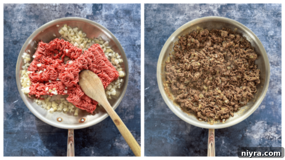 Browning ground beef with onion