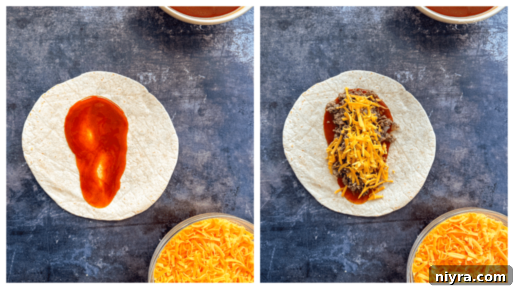 Assembling enchiladas with sauce, beef, and cheese