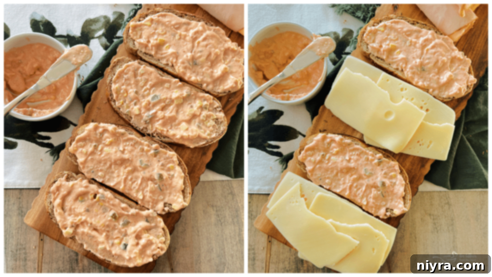 Step 1: Spreading Thousand Island Dressing on bread and adding Swiss cheese