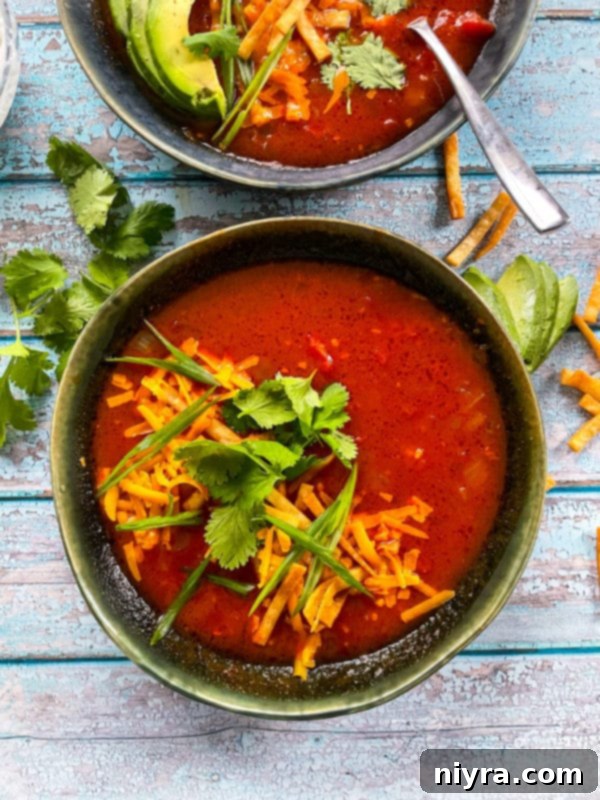 A serving of tortilla soup topped with melted shredded cheddar cheese and fresh herbs.