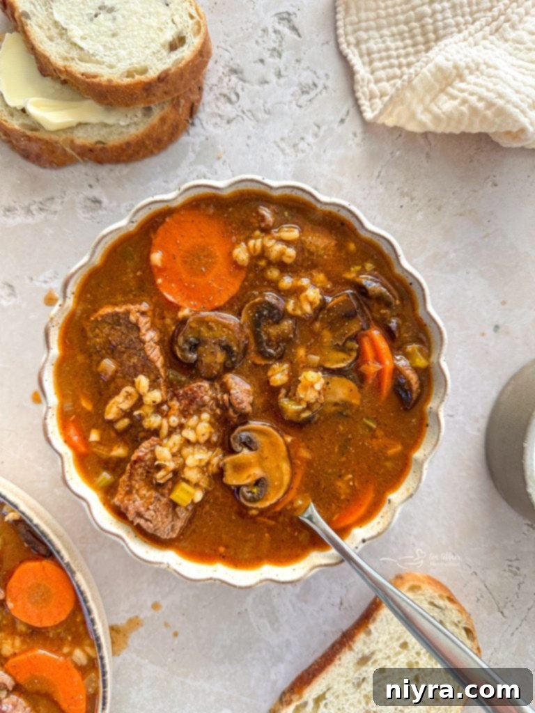 A steaming bowl of Vegetable Beef Barley Soup with Mushrooms, garnished with fresh herbs, ready to be enjoyed.