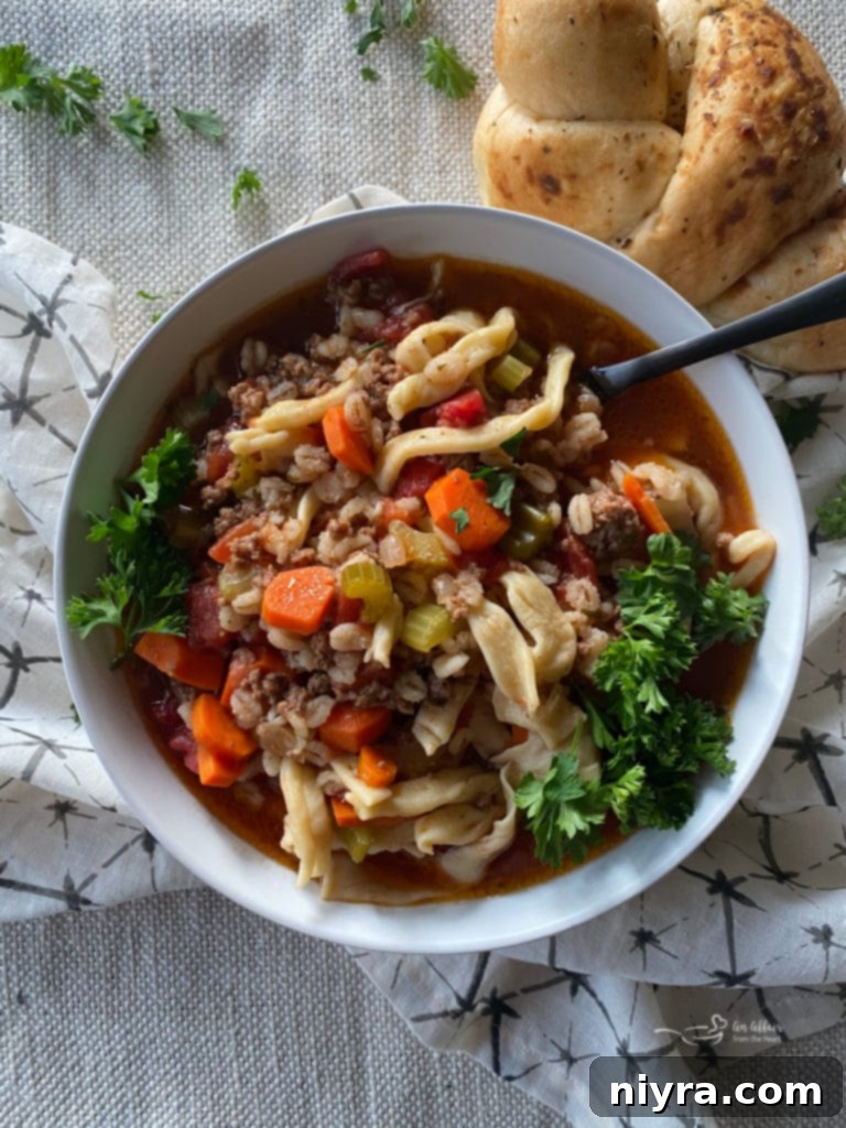 A bowl of Hamburger Soup With or Without Noodles, another delicious soup recipe.
